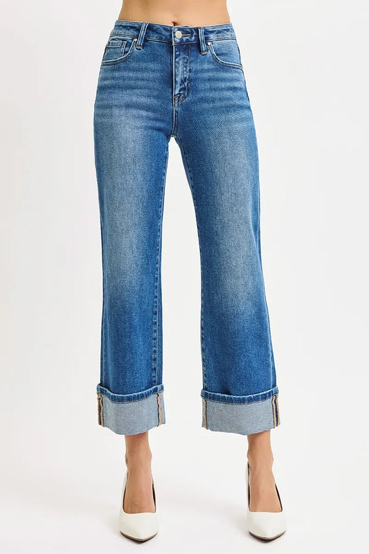Mid Rise Crop Full Size Mid Rise Crop Straight Cuffed Jeans Plus Size
