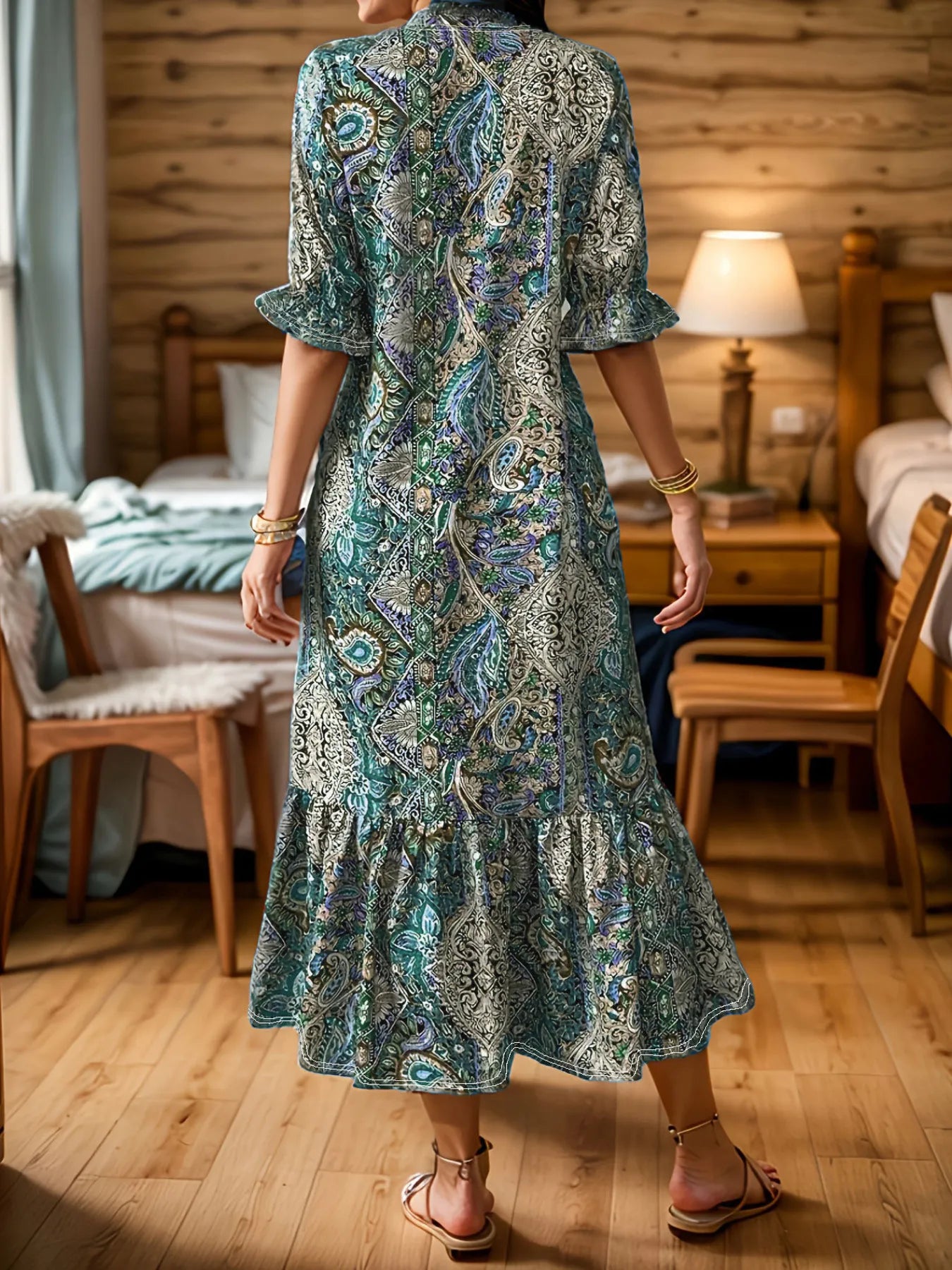 Full Size Bohemian Paisley Print Ruffle Hem Midi Dress – Plus Size