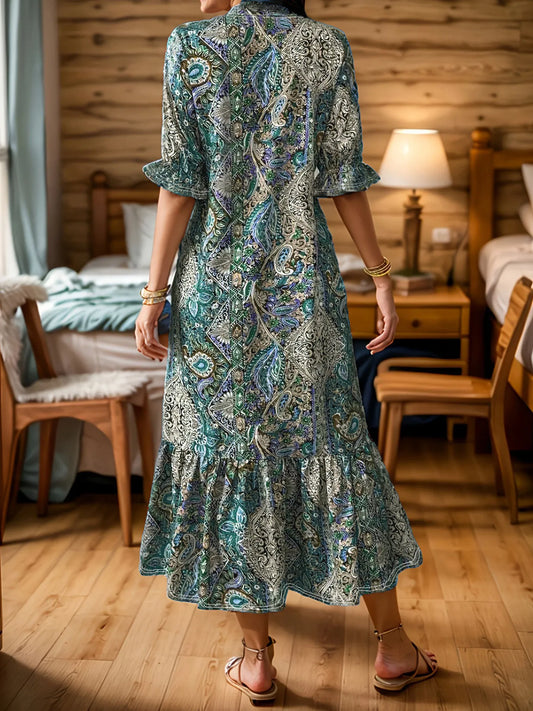 Full Size Bohemian Paisley Print Ruffle Hem Midi Dress – Plus Size