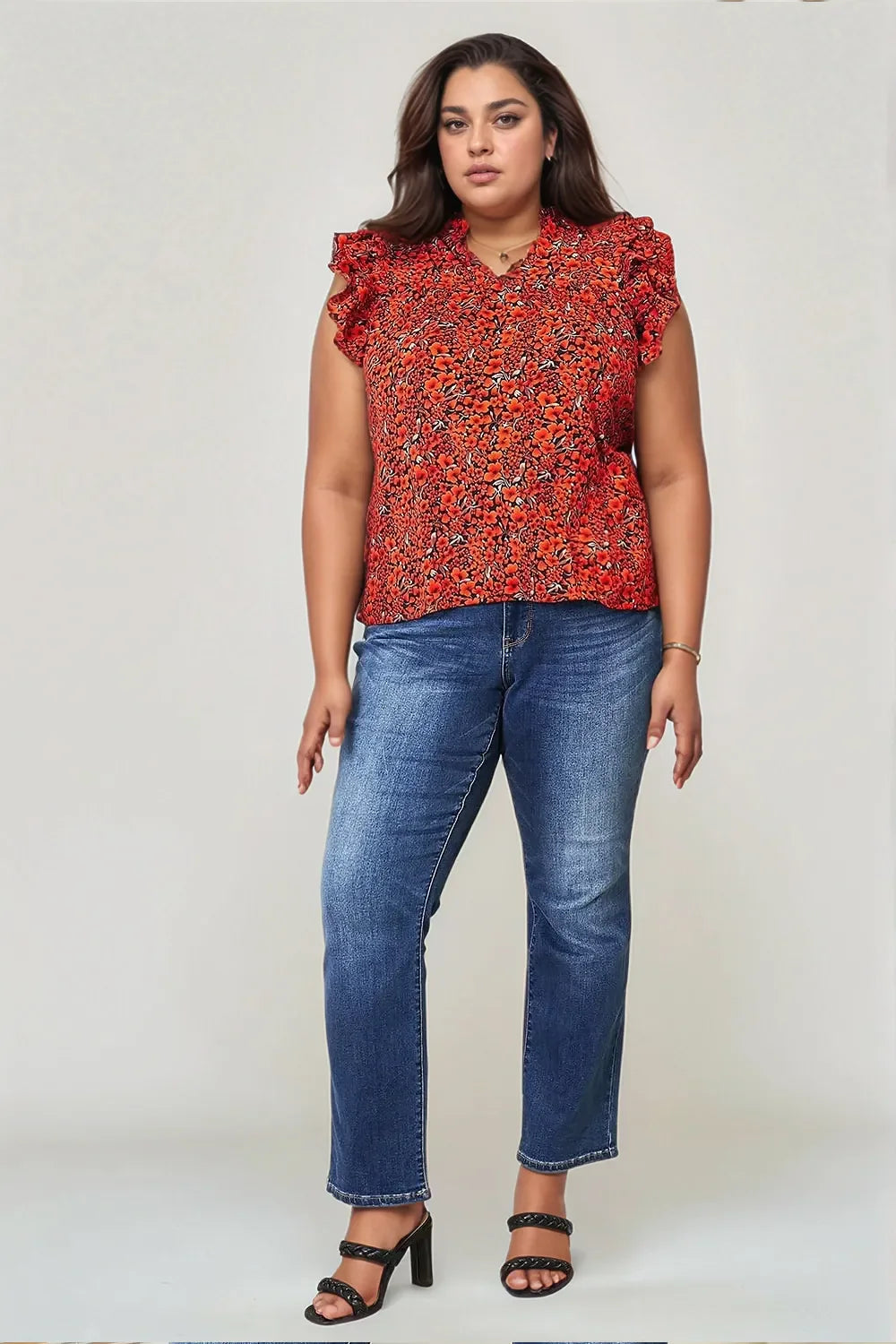 Double Take Floral Flutter Sleeve Notched Neck Blouse - Feminine Chic