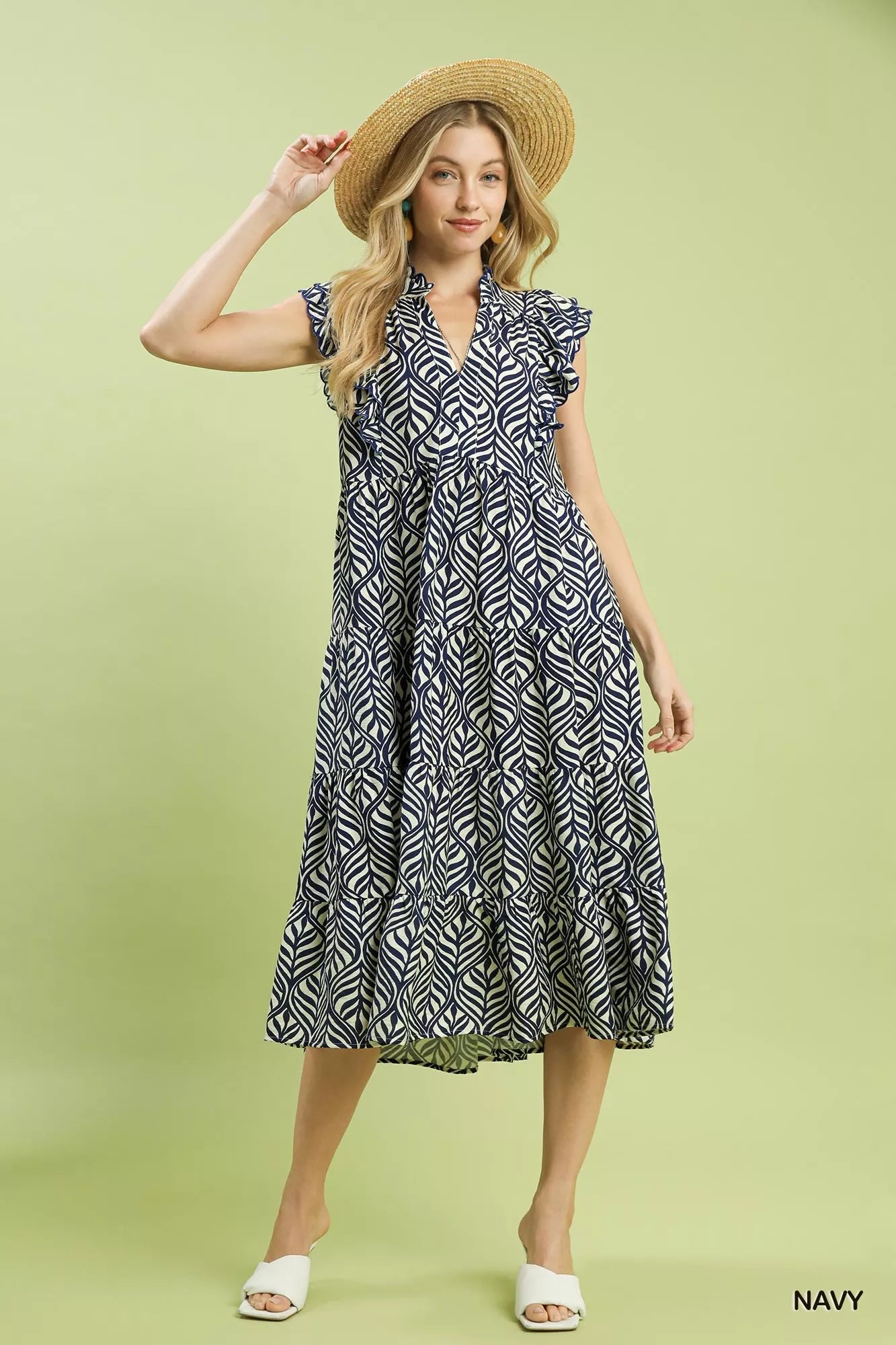 Umgee Leaf Print Tiered Midi Dress with Ruffle Detail Breezy & Stylish