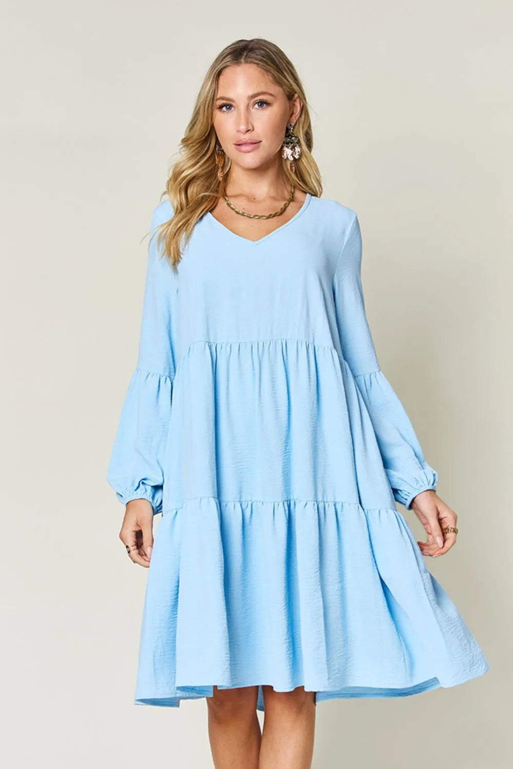 Double Take Full Size V-Neck Balloon Sleeve Tiered Dress | Pockets