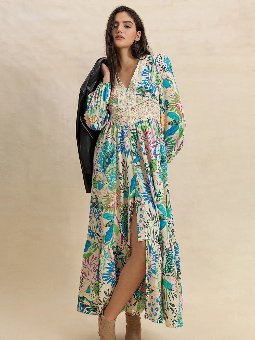 Slit Printed V-Neck Dress – Stylish & Breezy for Any Occasion