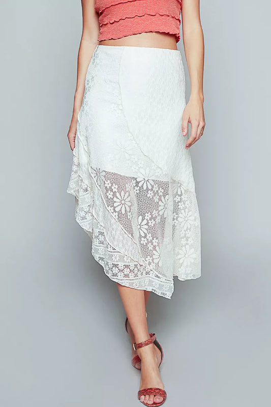 POL Ruffled Floral Lace Skirt with Unbalanced Hem – Elegant Style