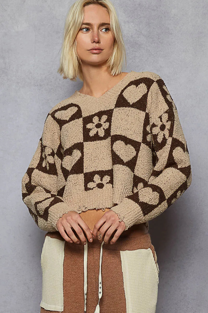 POL V-Neck Heart Pattern Sweater – Stylish Women’s Knitwear