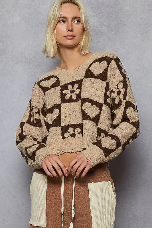 POL V-Neck Heart Pattern Sweater – Stylish Women’s Knitwear