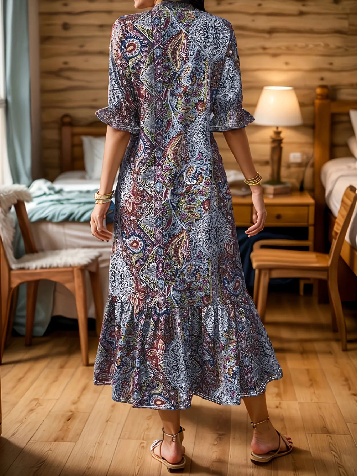 Full Size Bohemian Paisley Print Ruffle Hem Midi Dress – Plus Size