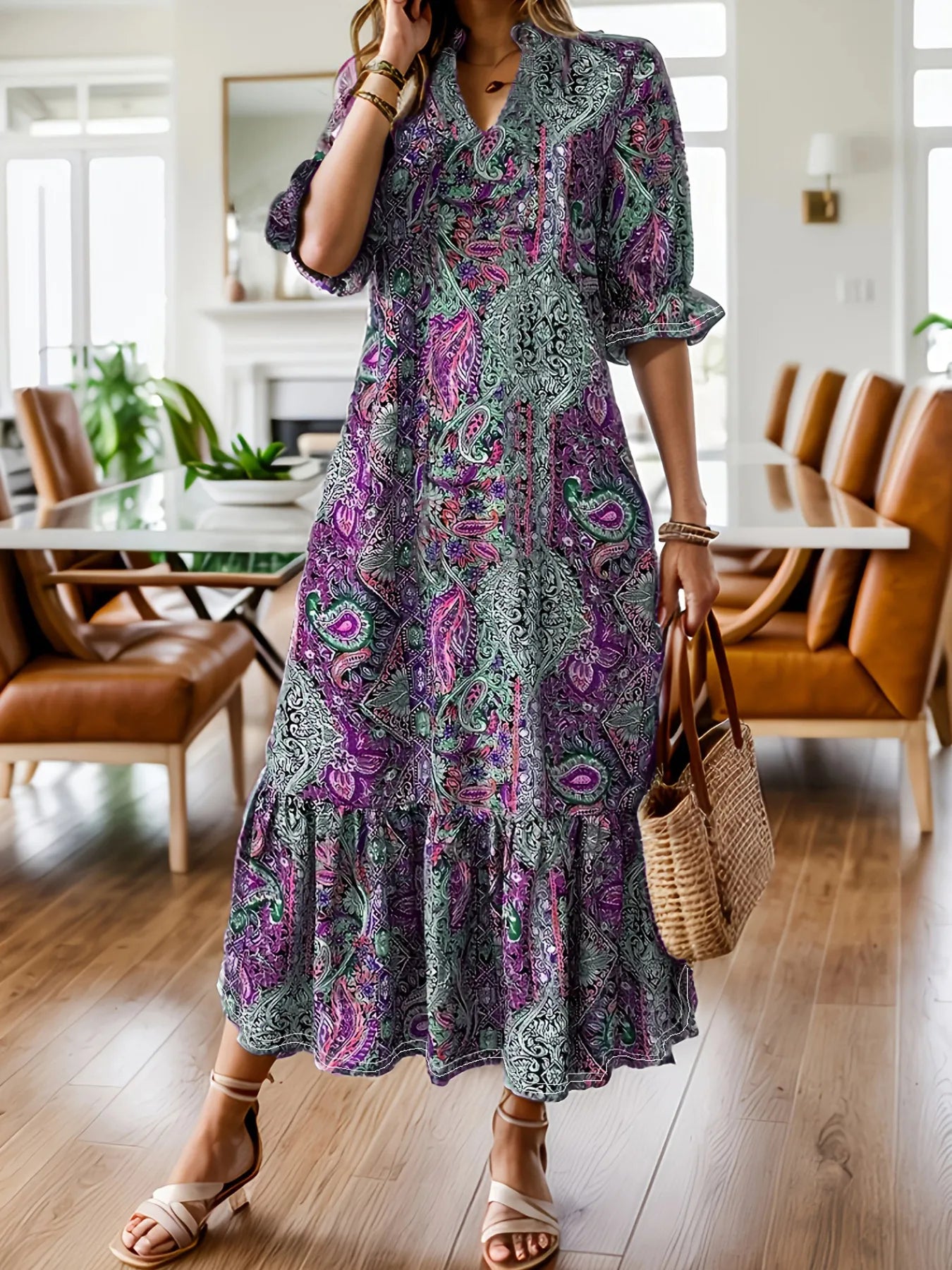 Full Size Bohemian Paisley Print Ruffle Hem Midi Dress – Plus Size