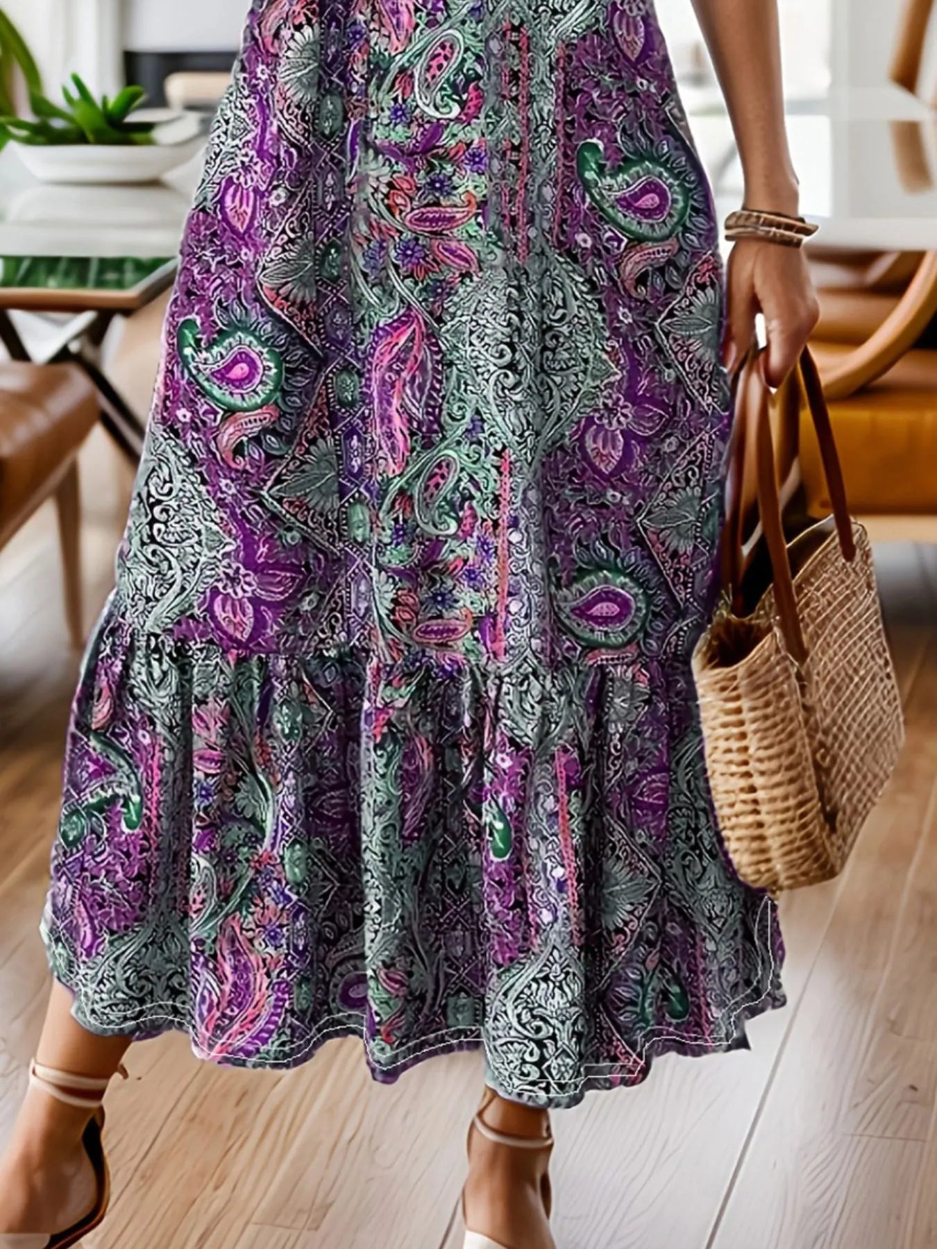 Full Size Bohemian Paisley Print Ruffle Hem Midi Dress – Plus Size