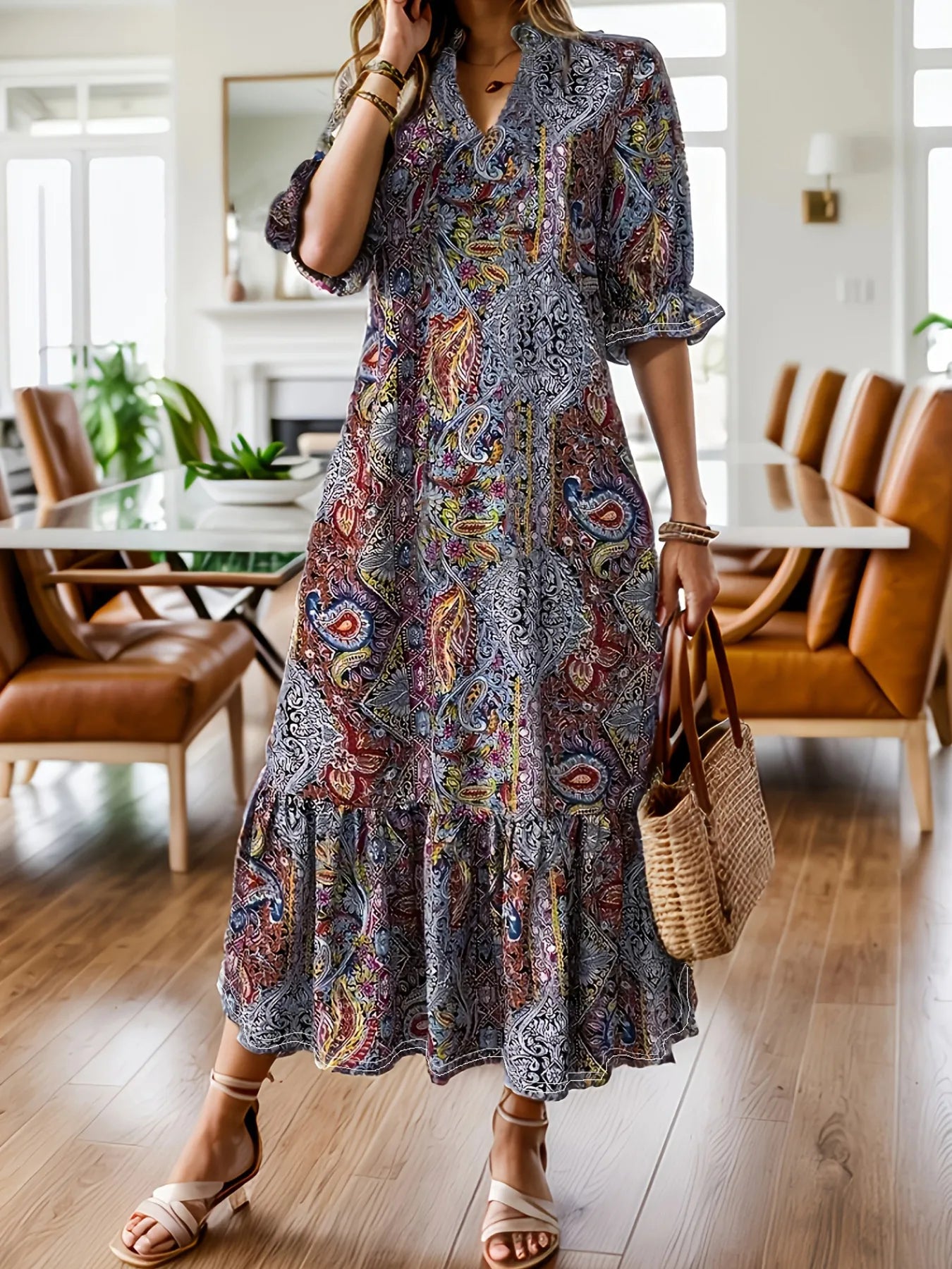 Full Size Bohemian Paisley Print Ruffle Hem Midi Dress – Plus Size