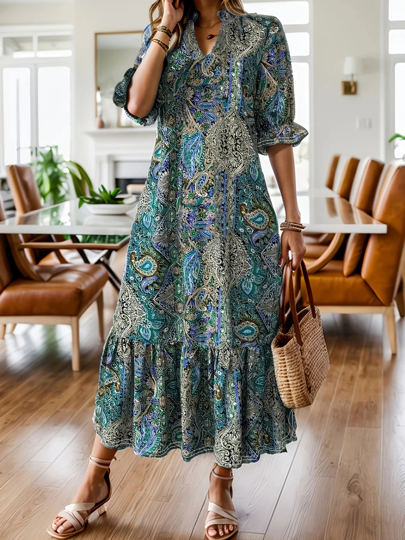 Full Size Bohemian Paisley Print Ruffle Hem Midi Dress – Plus Size