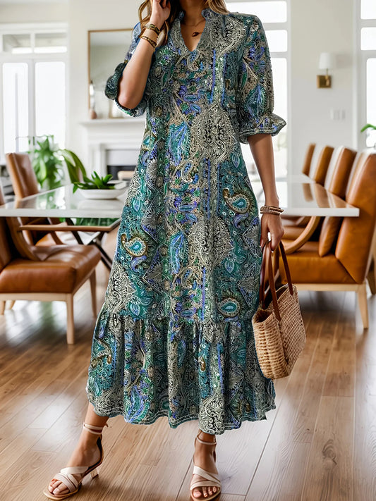 Full Size Bohemian Paisley Print Ruffle Hem Midi Dress – Plus Size