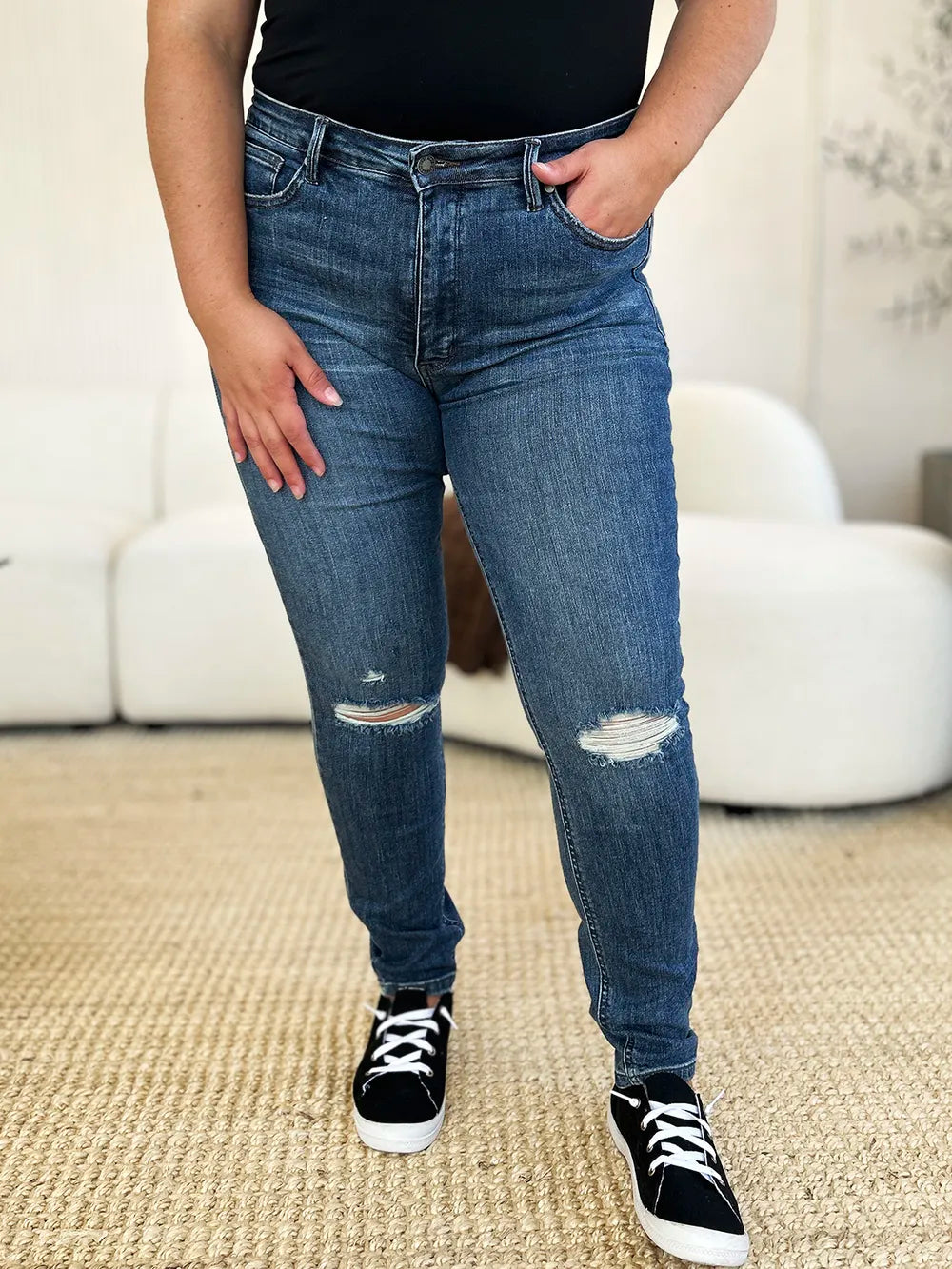 Judy Blue Full Size Mid Waist Distressed Slim Jeans | CentPrime Denim