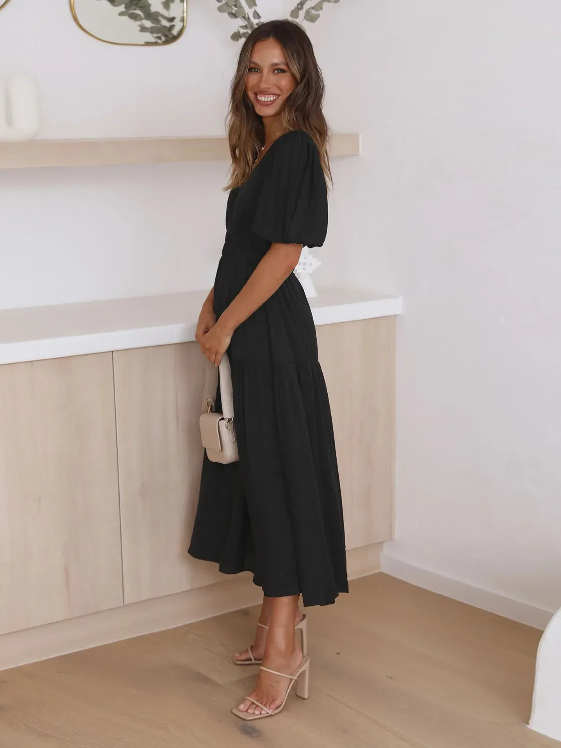 Tiered Surplice Midi Dress | Half Sleeve Elegant Styles at CentPrime