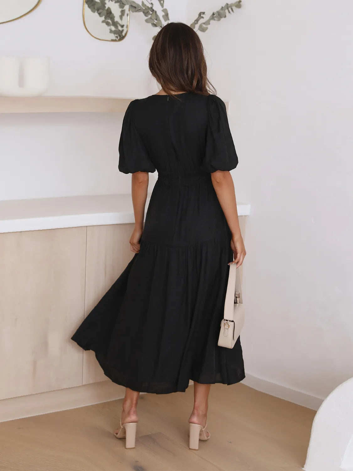 Tiered Surplice Midi Dress | Half Sleeve Elegant Styles at CentPrime