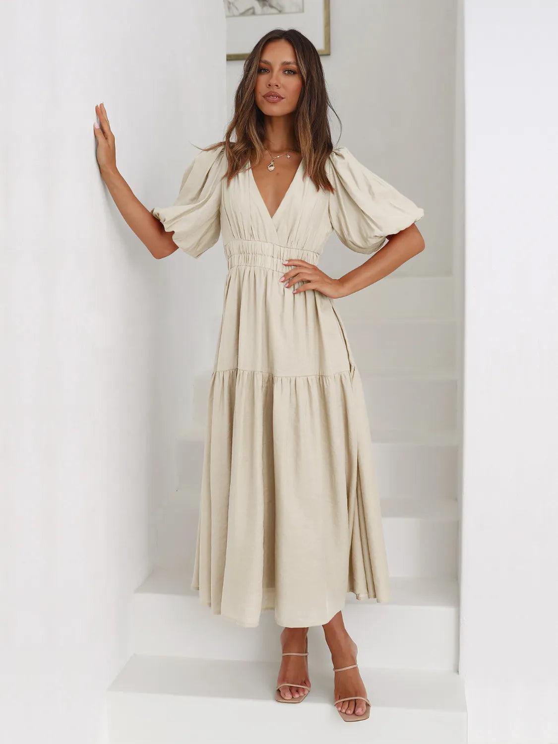 Tiered Surplice Midi Dress | Half Sleeve Elegant Styles at CentPrime