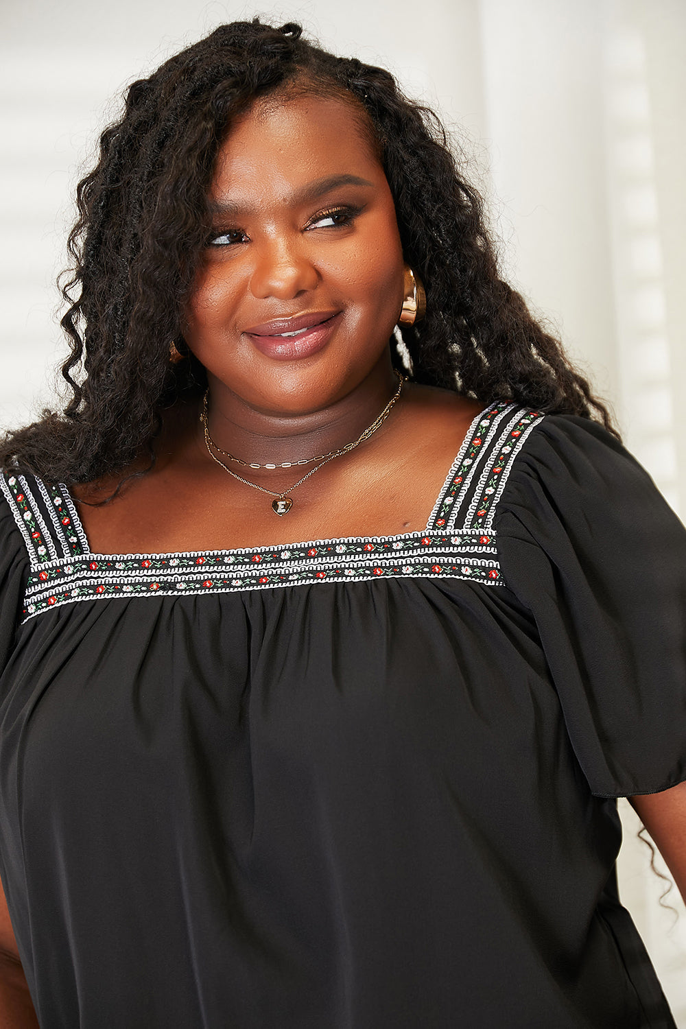 Honey Contrast Square Neck Puff Sleeve Blouse - Ruched Elegant Fit