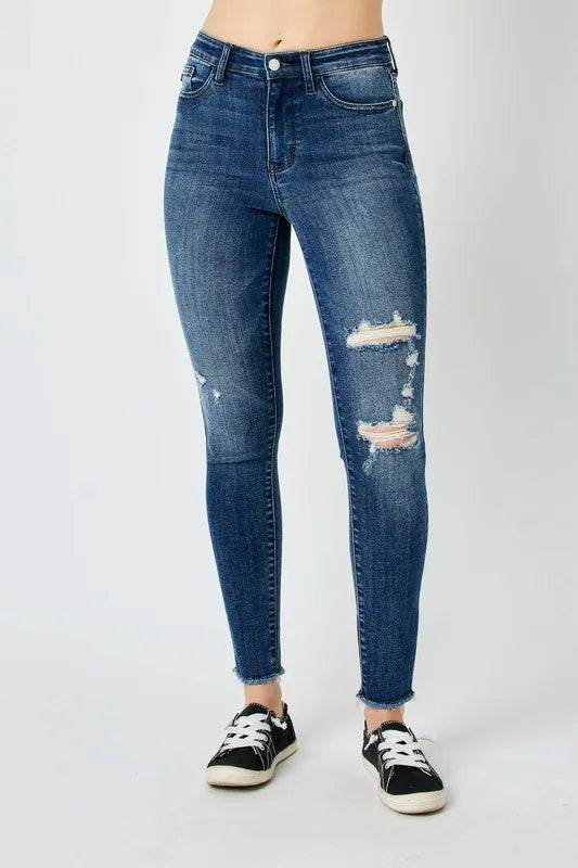 Judy Blue full size high waist distressed skinny jeans front view.
