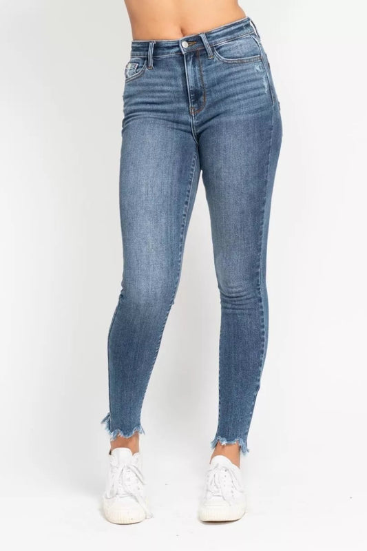 Front view of Judy Blue High Waist Skinny Jeans with shark bite hem, styled for casual streetwear for US women