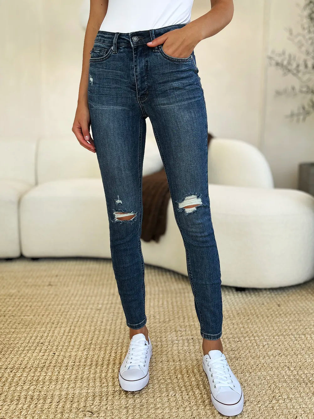 Judy Blue Full Size Mid Waist Distressed Slim Jeans | CentPrime Denim