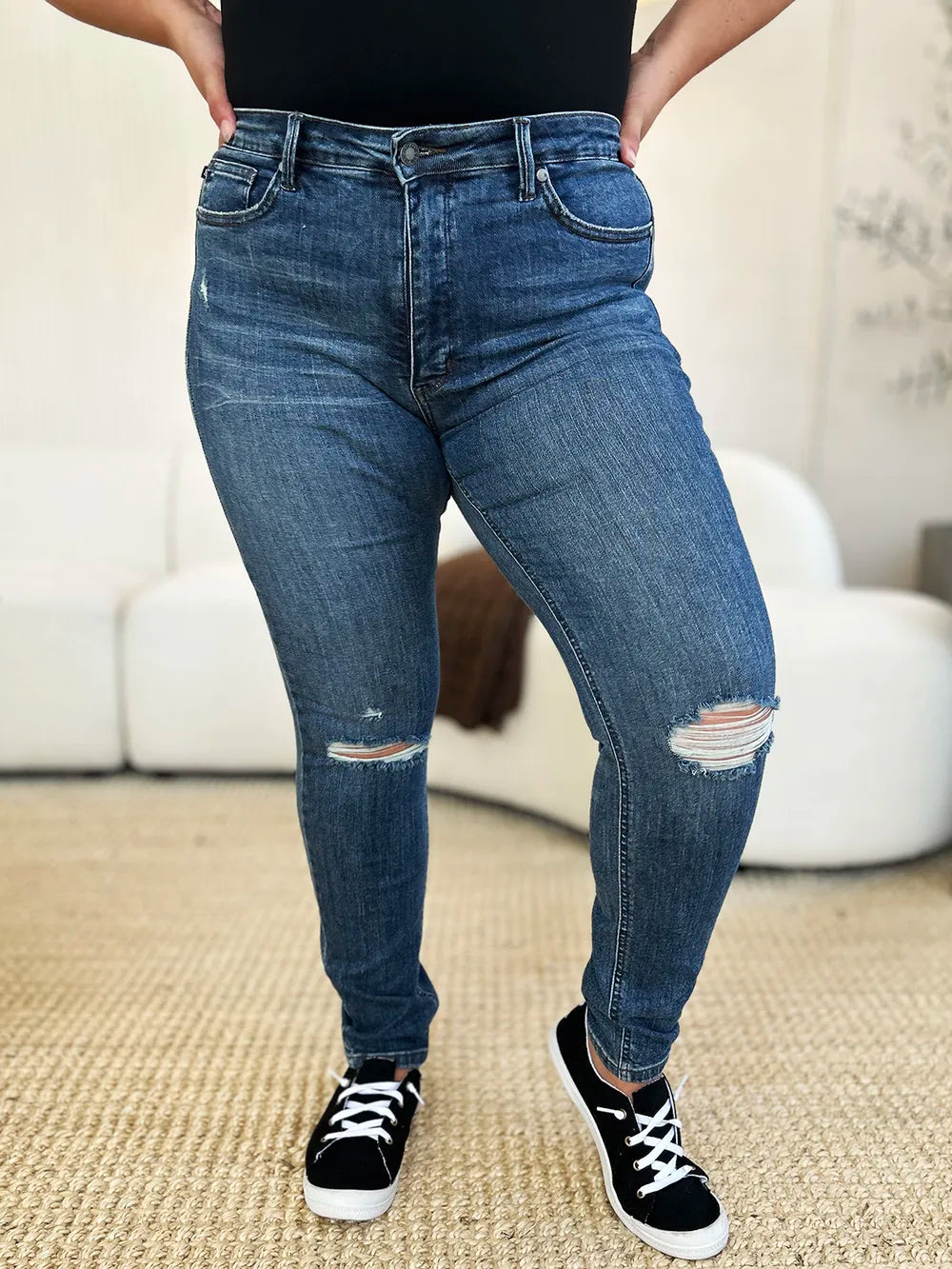 Judy Blue Full Size Mid Waist Distressed Slim Jeans | CentPrime Denim