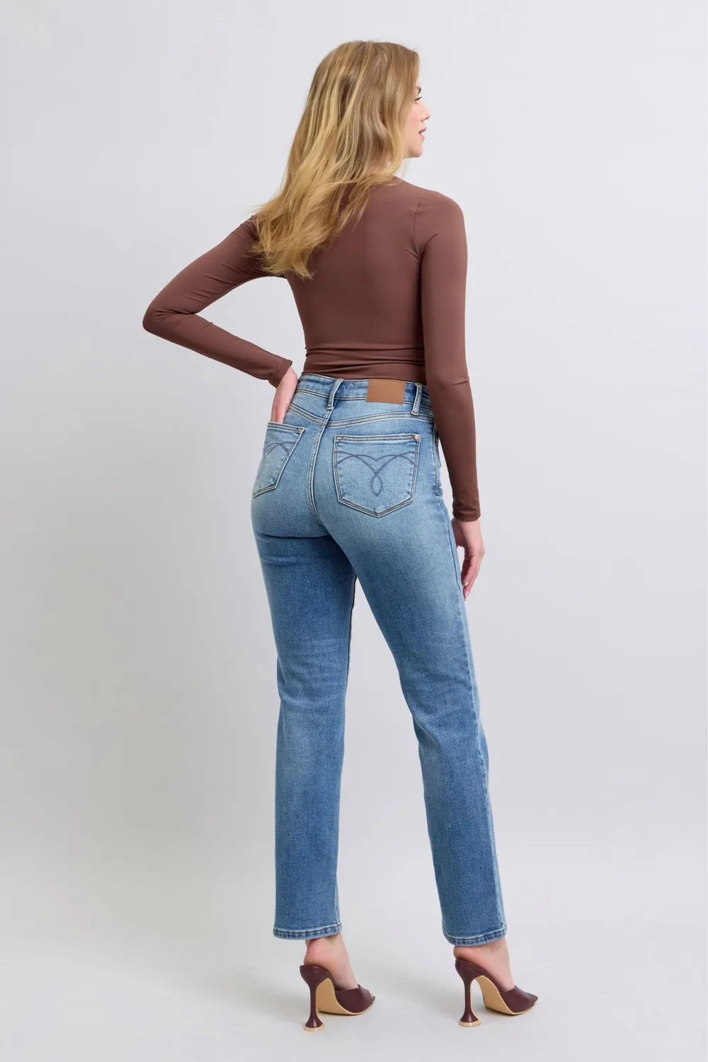 Judy Blue vintage wash thermal straight jeans back view highlighting full size run fit and classic denim design

