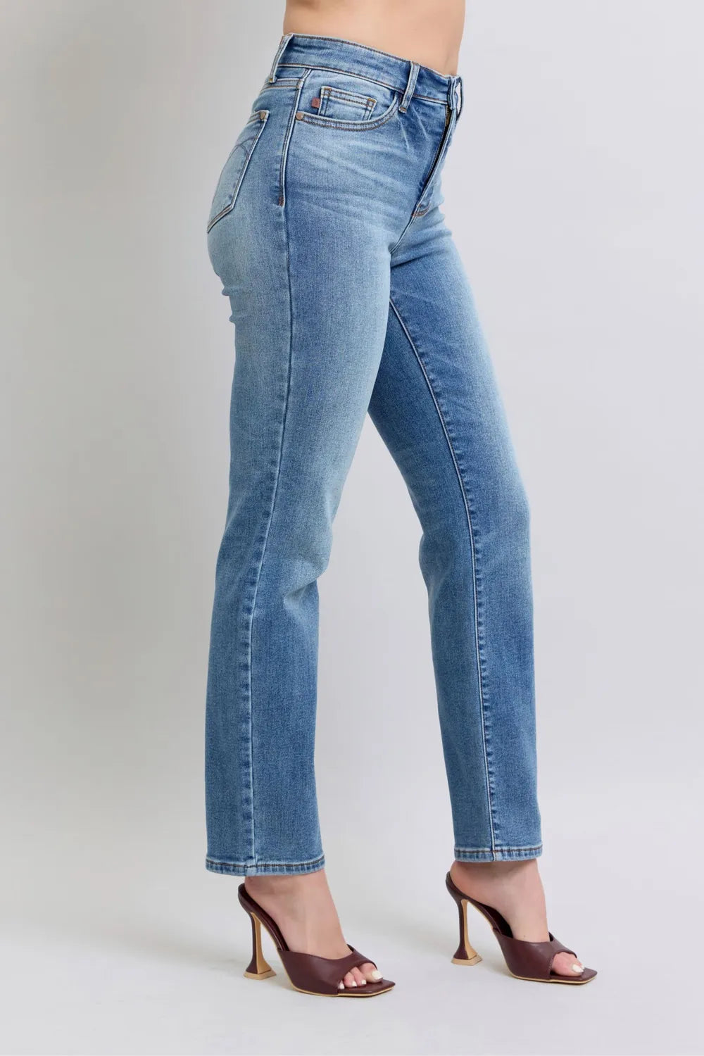 Judy Blue vintage wash thermal straight jeans side angle highlighting comfortable straight leg fit for full size run

