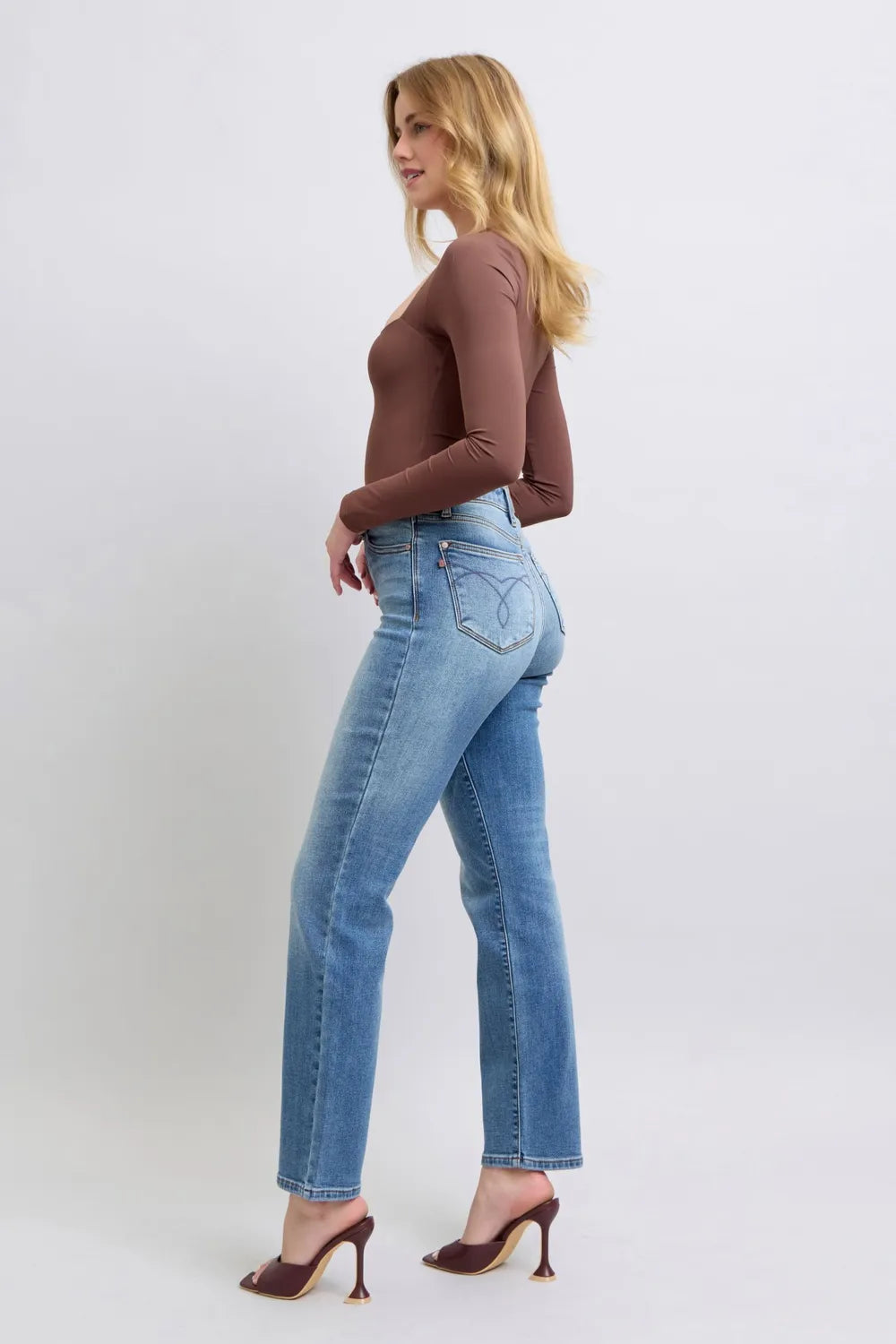 Detailed side view of Judy Blue vintage wash thermal straight jeans showing full size run fit and classic straight leg styling
