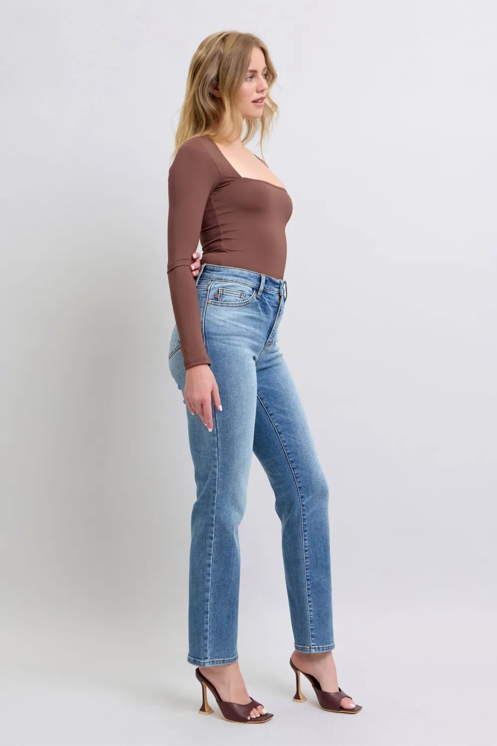 Side profile of Judy Blue full size run vintage wash thermal straight jeans emphasizing straight leg shape and denim texture
