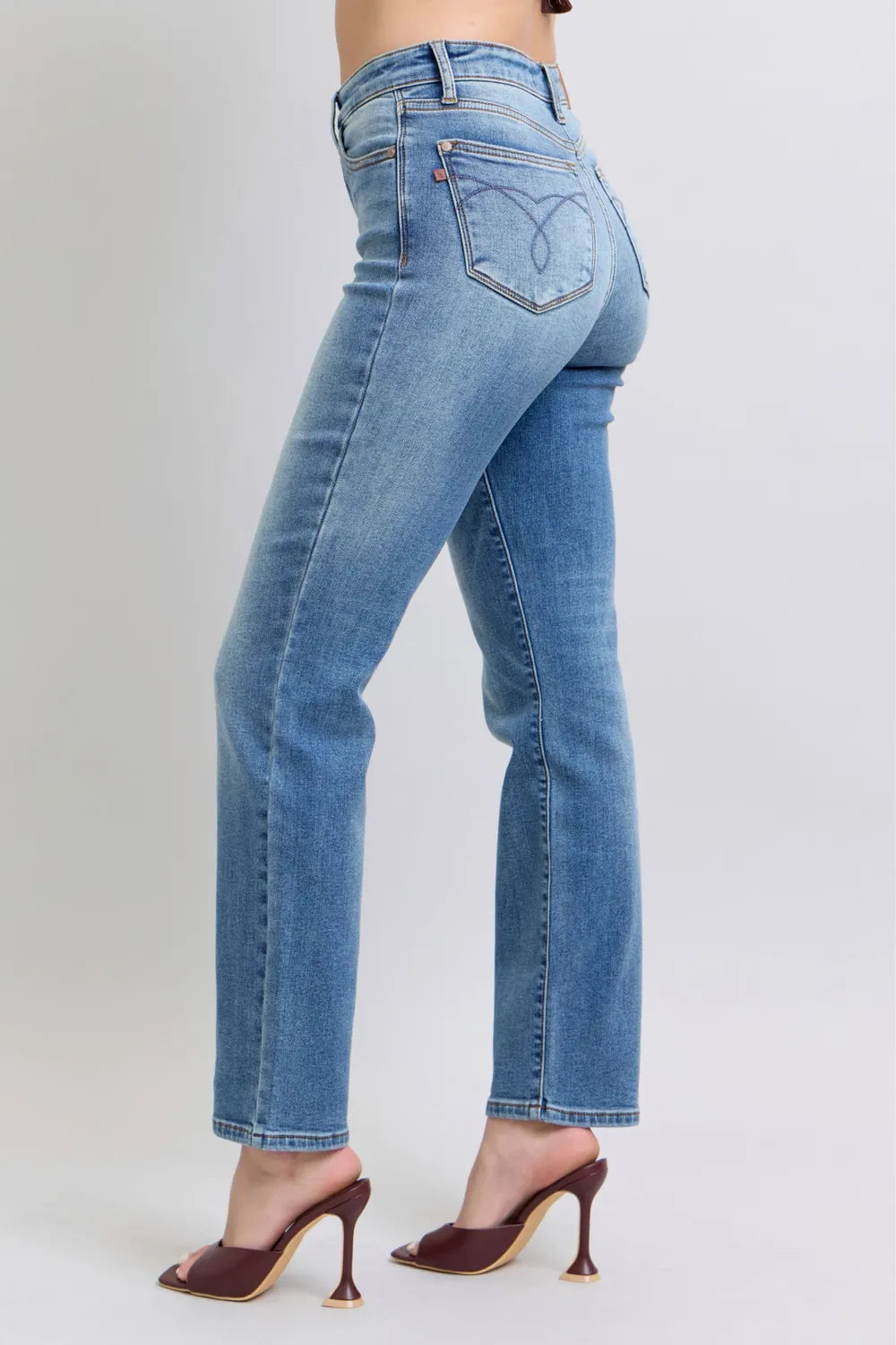 Side view of Judy Blue full size run vintage wash thermal straight jeans showing straight leg cut and thermal denim fabric
