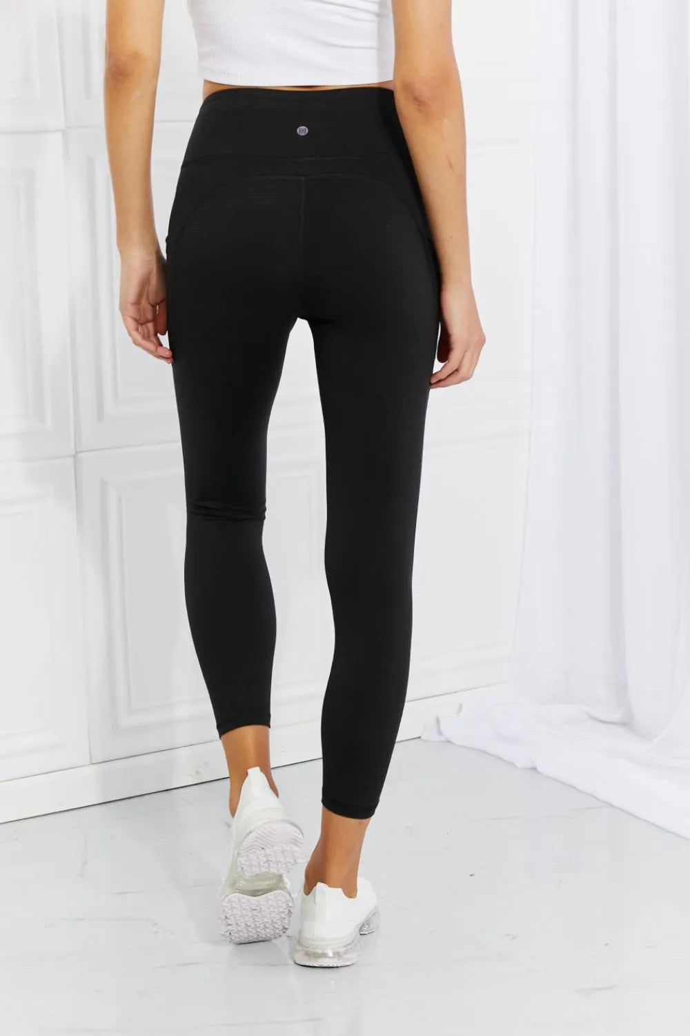 Back view of Leggings Depot full size reflective dot active leggings showing supportive waistband and performance fit