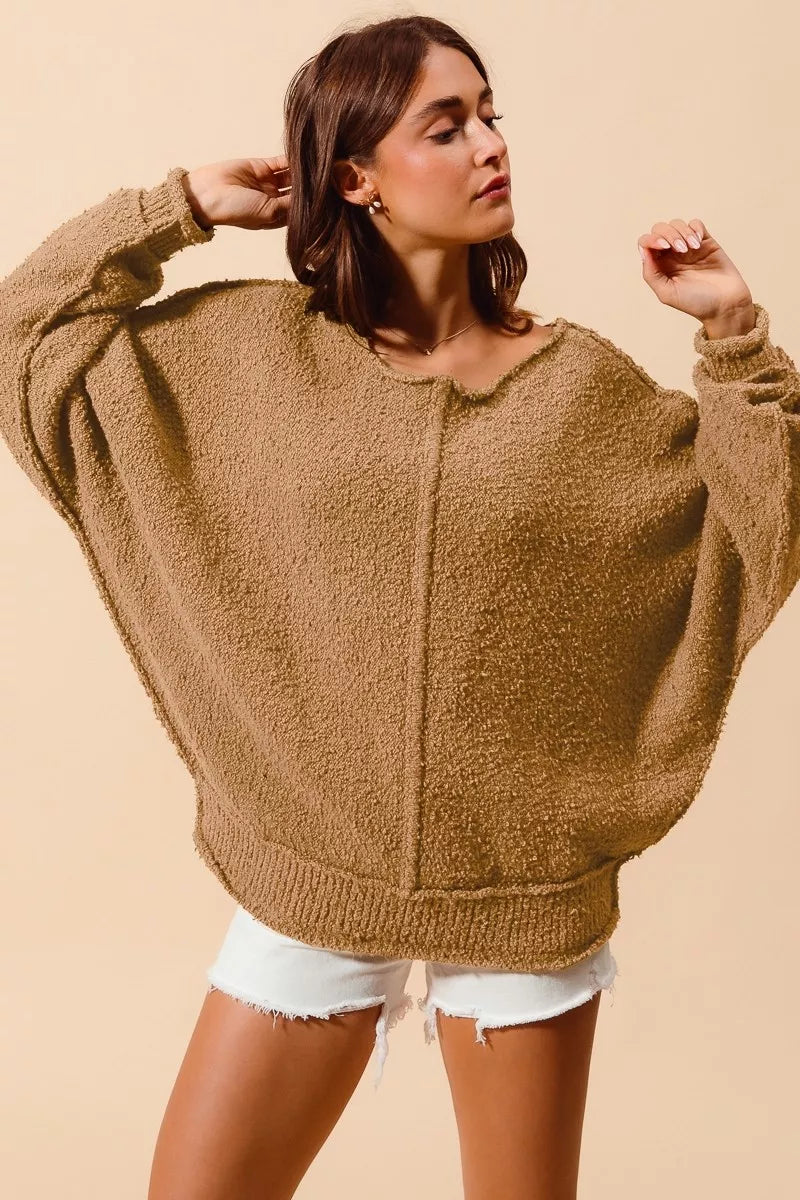 Loose Fit Exposed Seam Sweater by SO ME – Slouchy Boucle Style