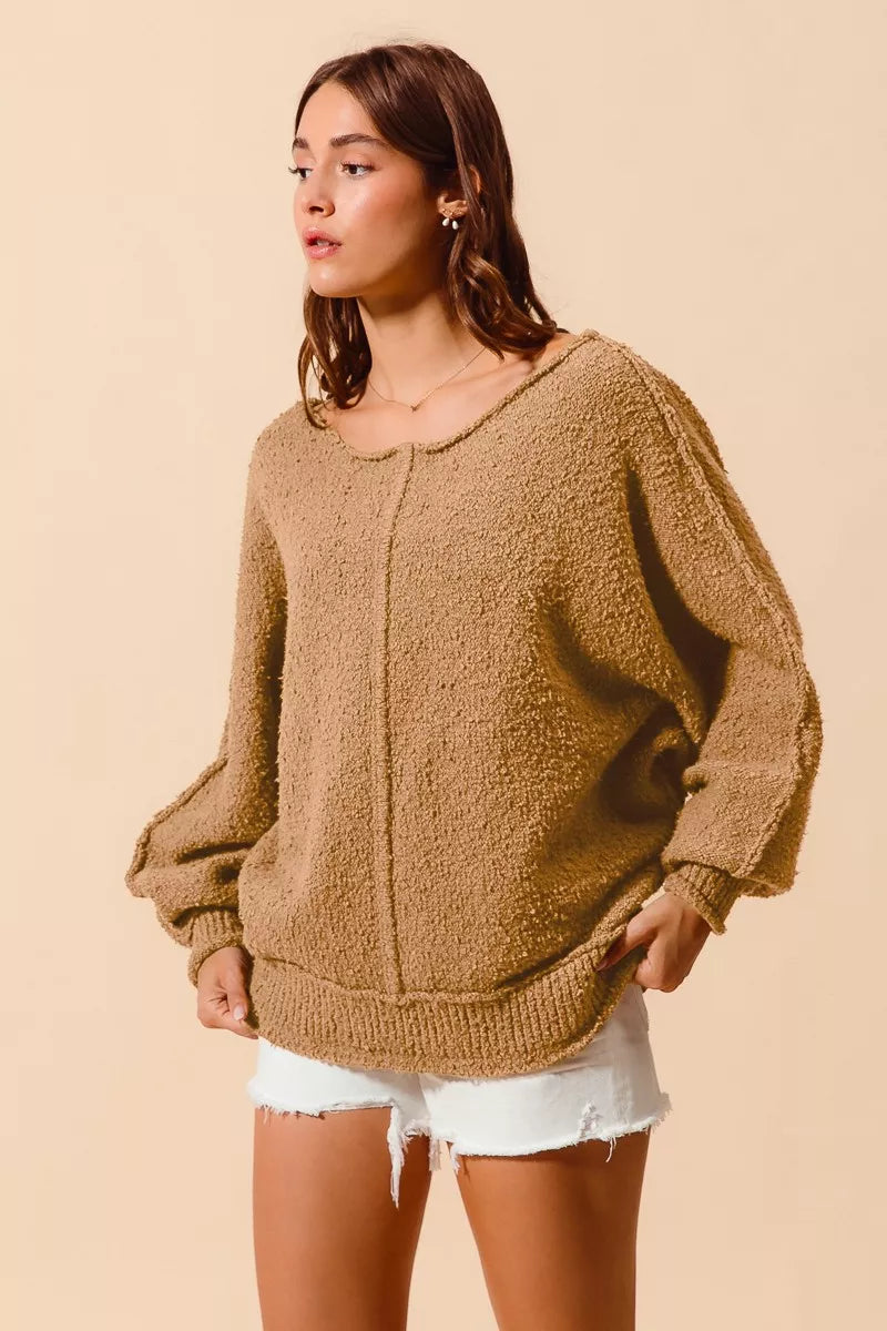 Loose Fit Exposed Seam Sweater by SO ME – Slouchy Boucle Style