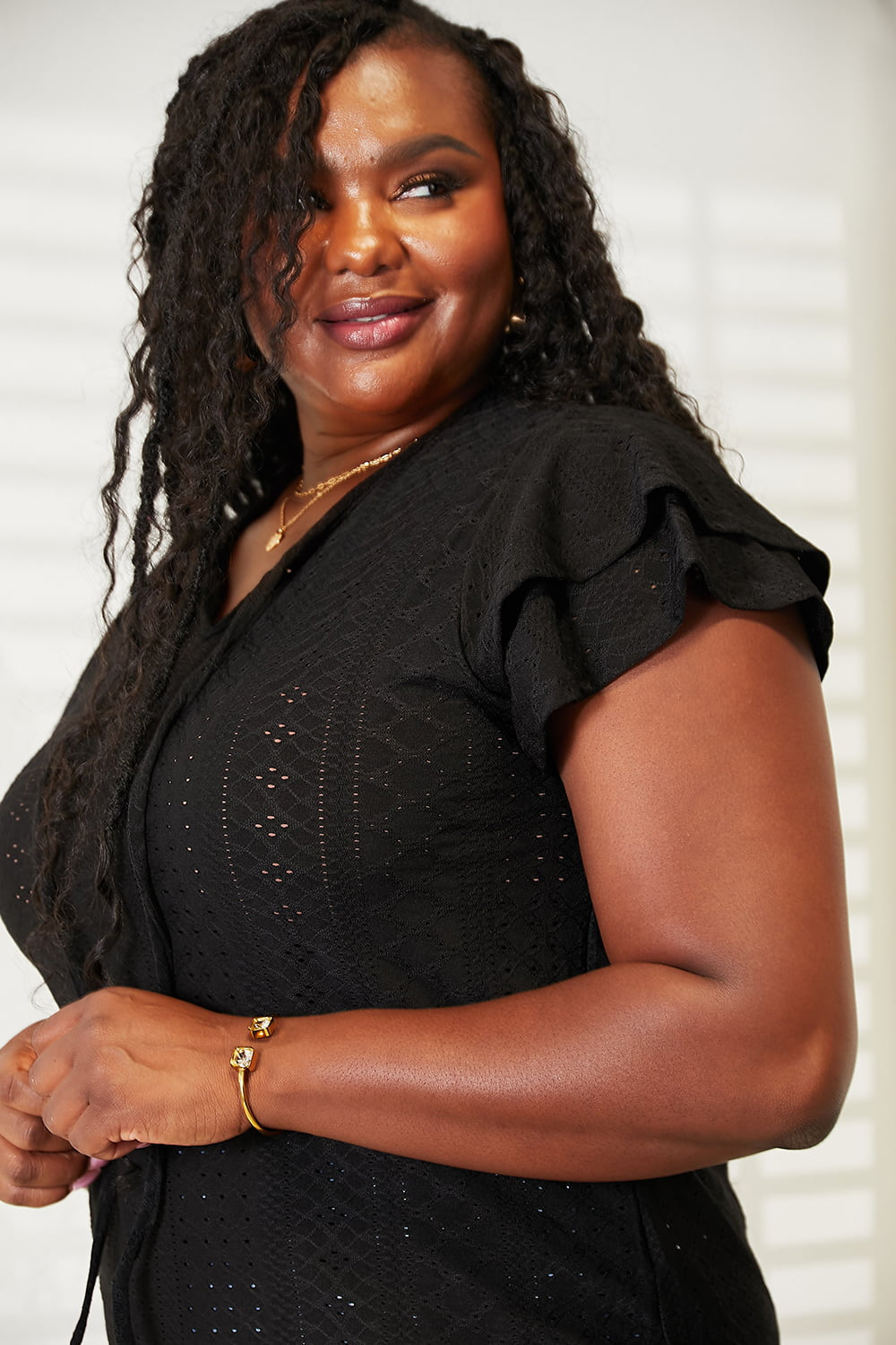 Mandy Eyelet Tie-Neck Flutter Sleeve Blouse | Centprime