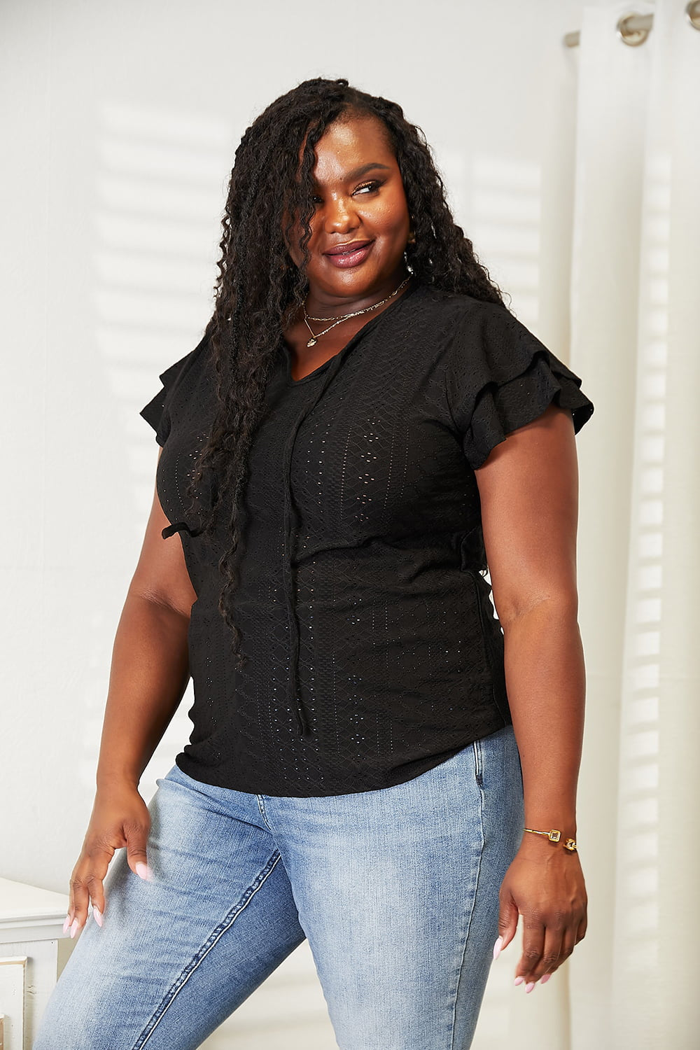 Mandy Eyelet Tie-Neck Flutter Sleeve Blouse | Centprime