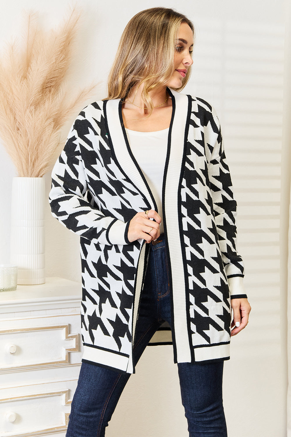 Mandy Houndstooth Open Front Longline Cardigan - Stretchy Chic