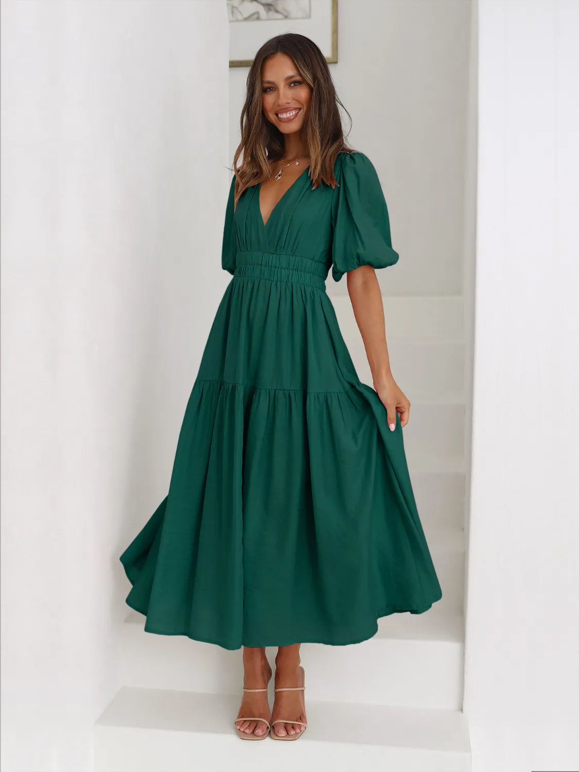 Tiered Surplice Midi Dress | Half Sleeve Elegant Styles at CentPrime