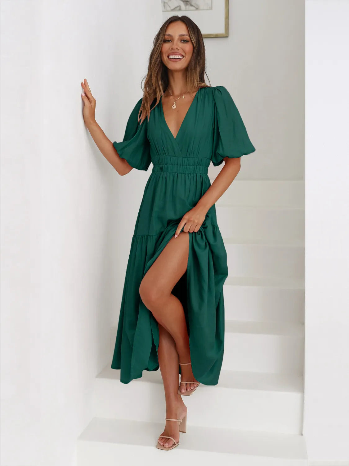 Tiered Surplice Midi Dress | Half Sleeve Elegant Styles at CentPrime
