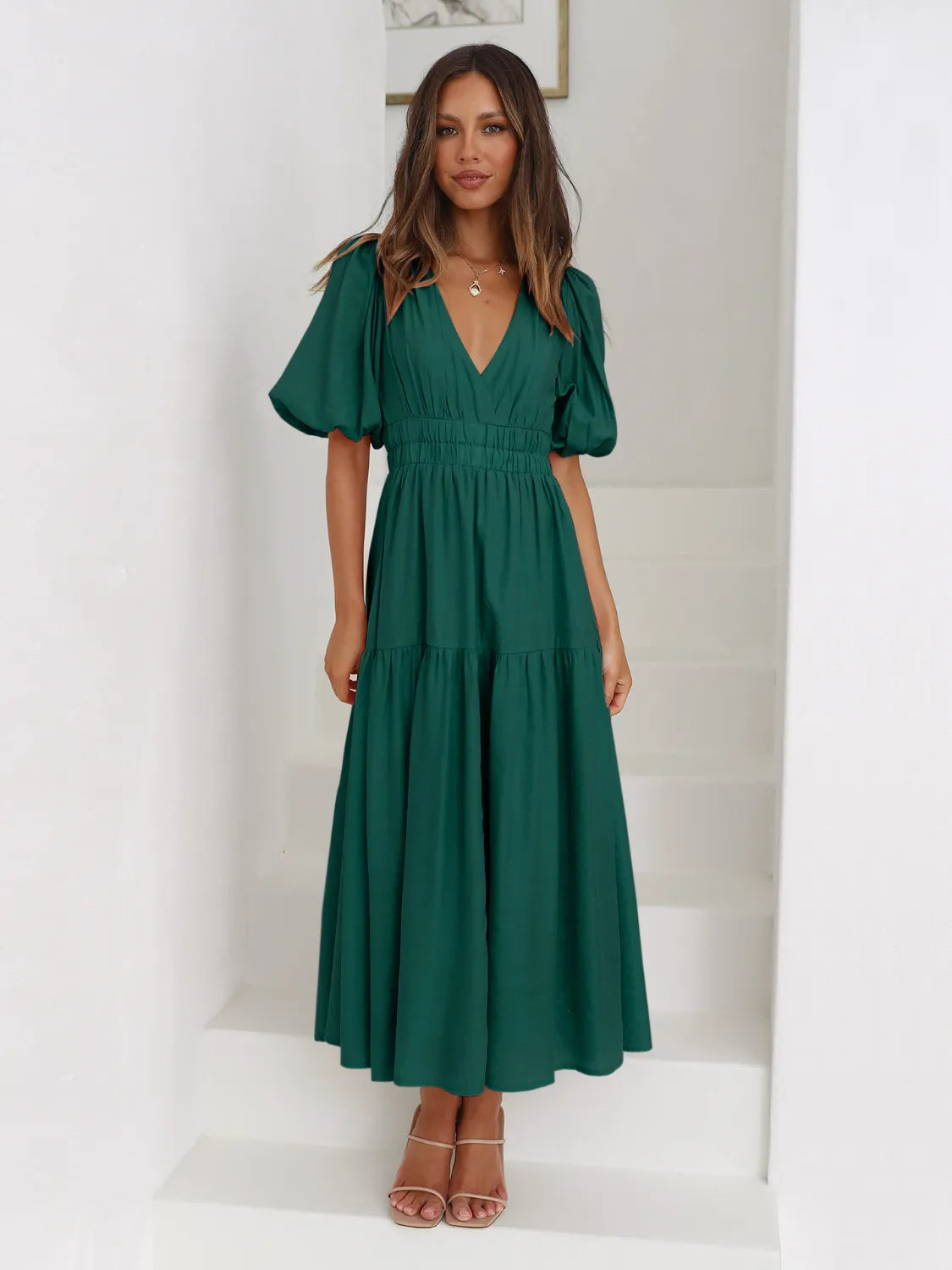 Tiered Surplice Midi Dress | Half Sleeve Elegant Styles at CentPrime