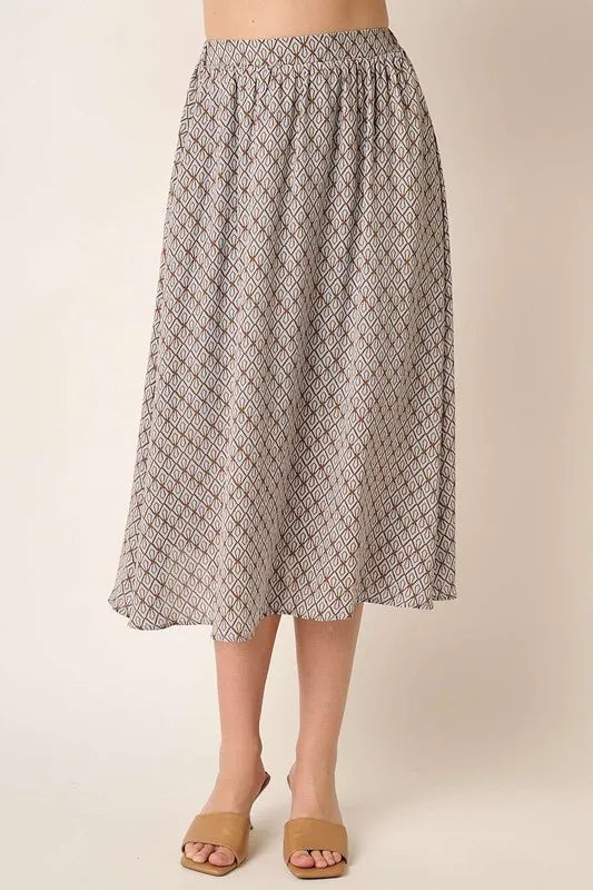 Mittoshop printed midi skirt for women, front view showing flowy fabric and flattering silhouette
