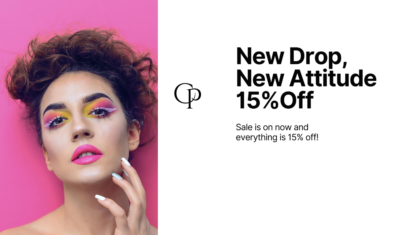 Promotional banner with a woman's face on a pink background and text about a 15% off sale.