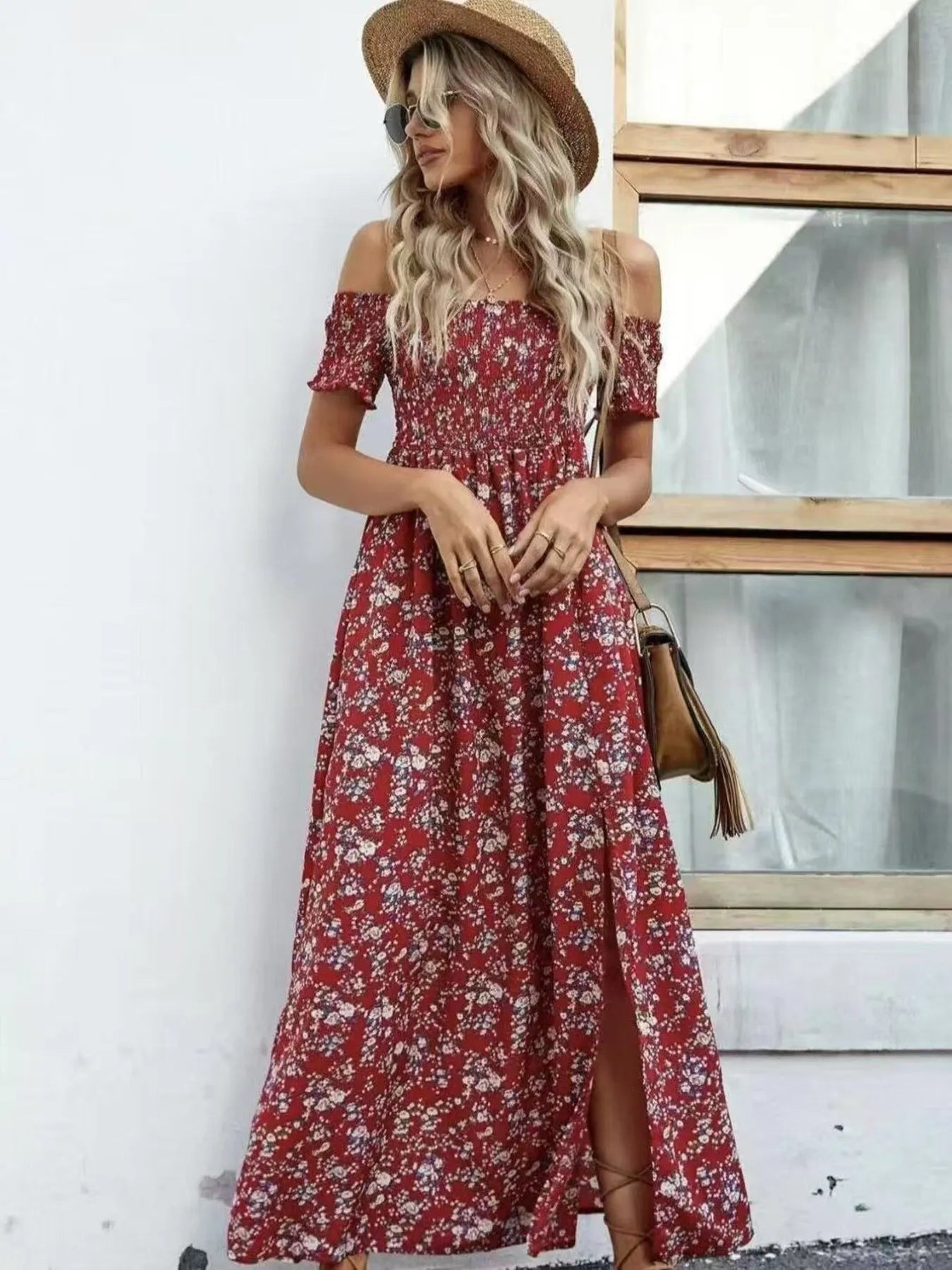 Full Size Slit Off-Shoulder Floral Midi Dress Plus Size