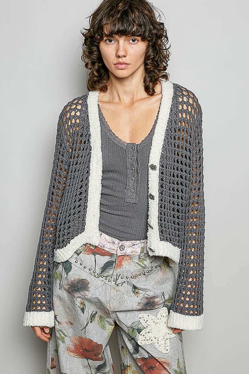 Front view of openwork contrast cardigan with floral metal buttons and V-neck in soft cotton blend.