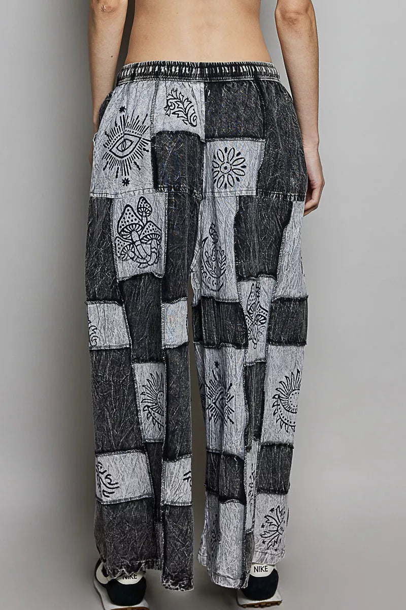 POL Bohemian Patchwork Wide Leg Pants back view - drawstring waist lounge pants with patchwork design continuing to back, relaxed seat, and easy wide leg movement

