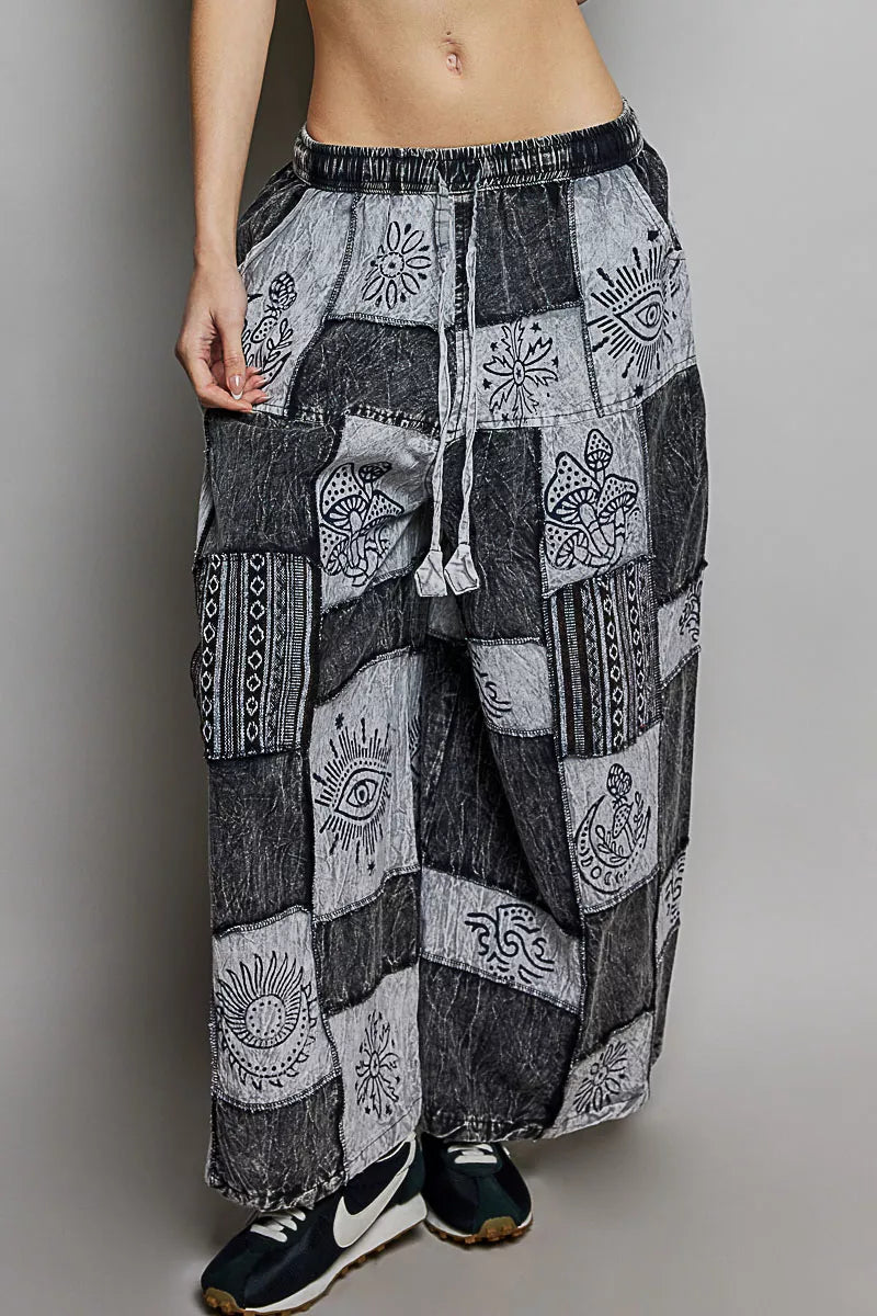 POL Bohemian Patchwork Wide Leg Pants front view - drawstring cotton lounge trousers with multicolor patchwork panels, relaxed wide leg, and elastic waist for boho style

