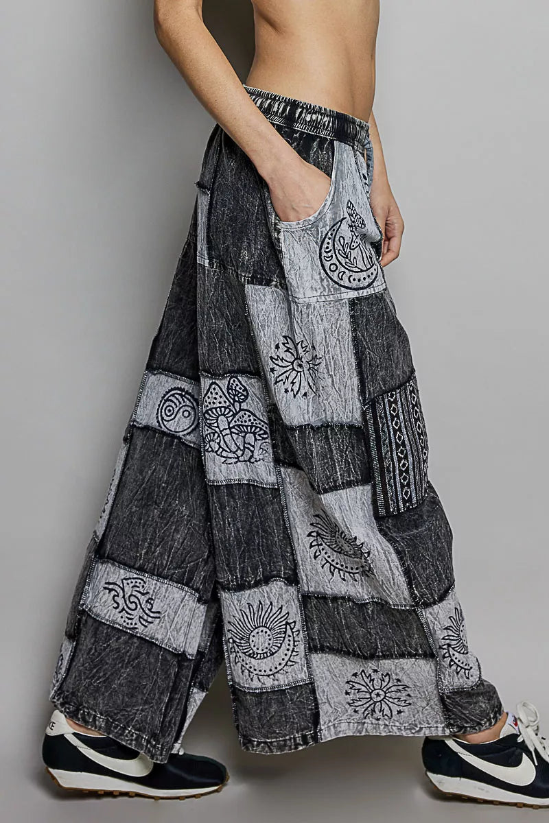 POL Bohemian Patchwork Wide Leg Pants side view - loose fit patchwork trousers with side seam detailing, soft cotton fabric, and flowing wide leg silhouette

