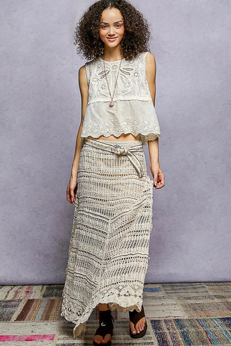Front view of POL boho crochet knit maxi skirt showing crochet knit detail