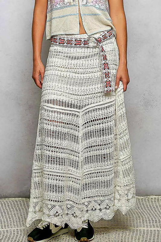 POL boho crochet knit maxi skirt front view showing relaxed flow and texture
