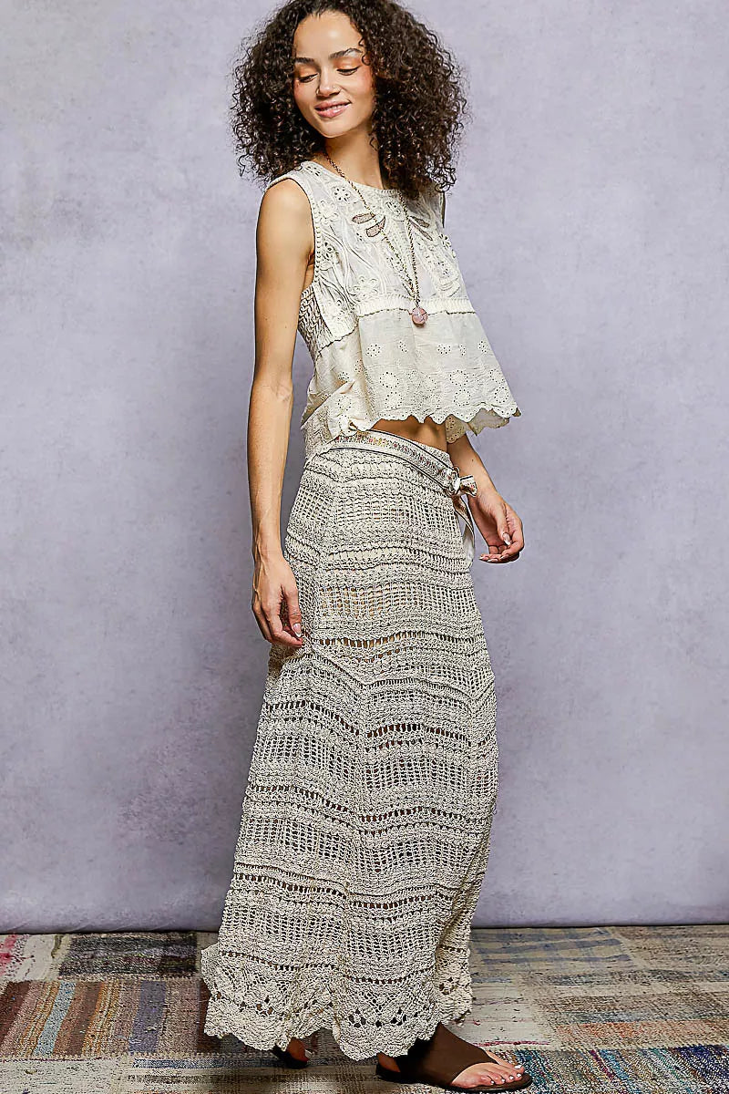 Side angle of POL boho crochet knit maxi skirt showing boho crochet pattern