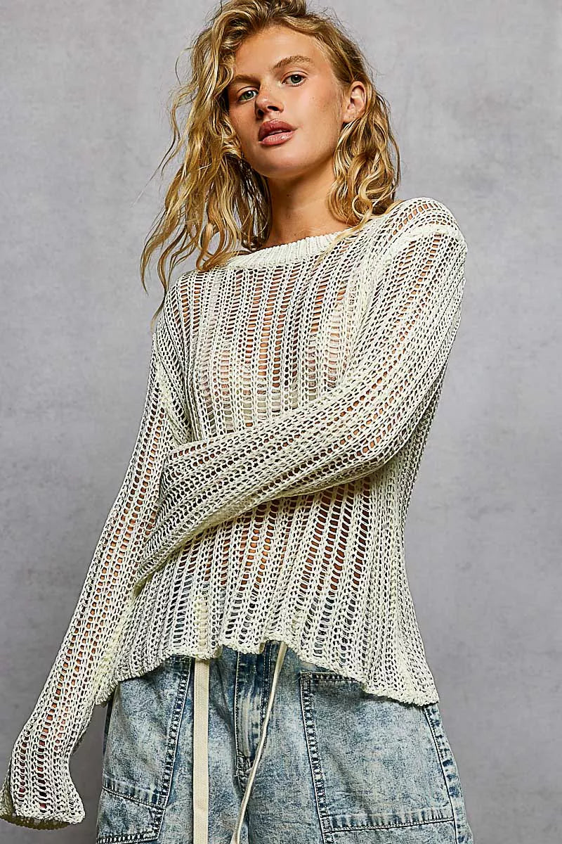 POL Openwork Round Neck Knit Cover Up - Cozy Layering Top